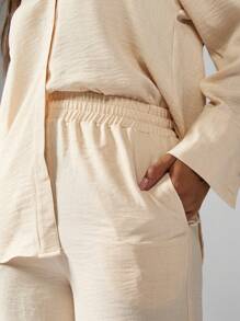 MISSGUIDED 两件套Co-Ord套装超大纽扣羽绒衬衫阔腿裤休闲装度假装暑假海滩休闲办公装套装 - 卡其色 - 查看 4