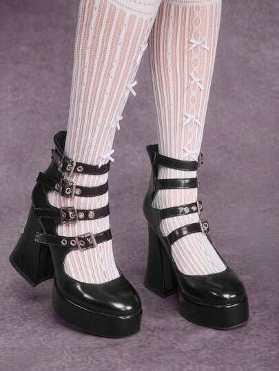 Women's Black Chunky Heel Closed Toe Chic Pumps, Suitable For Dark Rock Punk Goth Party Dress, Ankle High Heels