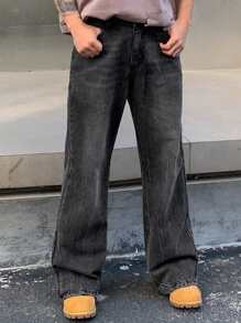 DAZY Men's Washed Striped Flare Leg Denim Jeans, Autumn/Spring - Black - View 6