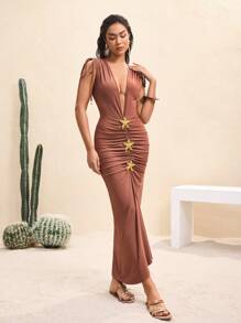 BY FELIZIA Brown Solid Ruched Shoulder Deep V Neck Sleeveless Backless Sexy Seafish Drapes Maxi Dress Summer Dress Vacation Sundress For Women - Brown - View 7