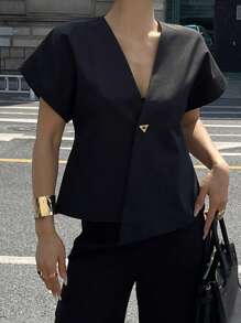 DAZY Women High-End Casual Vest Blazer, V-Neck Cap Sleeve Asymmetrical Crop Top Thin Suit Jacket, Summer Buisness Attire