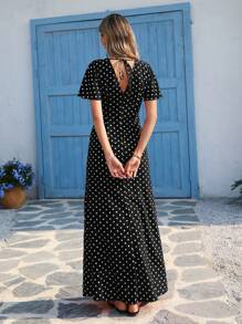 Vivid Eden Wave Pattern V-Neck Short Sleeve Fitted Women's DressSpring And Summer Outfits, Summer Clothes, Valentine Day, Vacation Outfits Woman, Beach Outfits For Woman, Festival, Romantic And Elegant Clothing, Bohemian, BOHO, Sweet, Rave Outfits Festival, Tropical Vacation Woman Clothes, Carnaval,Summer Dresses For Women,Polka Dot Dress