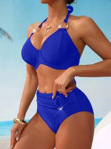 Swim DD+ Springbreak Women's V-Neck Halter Tie Swimwear With Metal Decorative Hardware, Bust Push-Up & Shaping Design, High-End Fashion 2 Pieces Swimwear Set For Summer Beach Vacation - Royal Blue - View 5