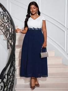 SHEIN Lady Spring And Summer Elegant Commuting Office Colorful Knitted V Neck Flared Exaggerated Ruffle Long Short Sleeve Plus Size Dresses Festival Outfits Office Outfits For Women Business Casual Woman Summer Dresses Summer Outfits For Women Summer Dresses For Women - Multicolor - View 5