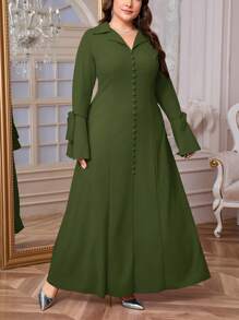 SHEIN Privé Plus Size Women's Elegant Shirt Collar V-Neck Ruffled Sleeve Bowknot Loose Dress, Comfortable Spring/Autumn, Red,Summer Outfits For Women - Army Green - View 3