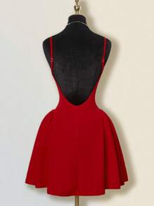 SHEIN ICON 纯红色迷你 A 字形蓬松深 V 领性感优雅腰部露背褶皱鸡尾酒礼服，适合约会之夜/派对 - 紅色 - 查看 2