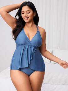 Swim Lushoire 大码女式 2 件纯色 V 领背心和适度下装分体式泳衣套装，海滩/泳池 - 綠色 - 查看 3