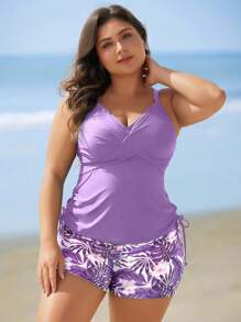 Swim Lushoire 2 件大码女式随机印花细肩带遮肚泳衣 - 紫色 - 查看 4