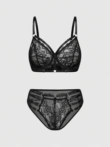 ROMWE Gothic Underwire Lace Triangle Cup Bra & Panty Lingerie Set - Black - View 1