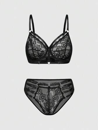 Goth Gothic Underwire Lace Triangle Cup Bra & Panty Lingerie Set