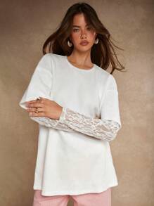 COSMINA Women's Lace Patchwork 2 In 1 T-Shirt, Autumn/Winter - White - View 3