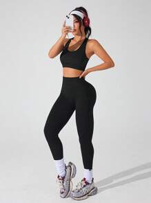 Easithlete Solid Color High Waist Seamless Yoga Leggings - Black - View 5