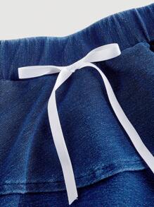 SHEIN MOD Women's White Ribbon Bow Blue Denim Cake Layered A-Line Skirt - Medium Wash - View 4