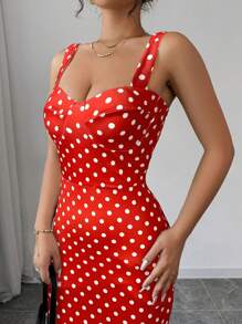Firerie 女士优雅节日复古音乐节波尔卡圆点心形领口紧身中长吊带背心连衣裙 - 紅色 - 查看 5