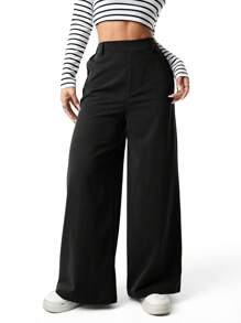 SHEIN Sparklyn Quần ống rộng màu trơn thanh lịch cho bé gái tuổi teen - màu đen - Xem 5