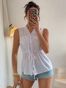 Breezaya Women's Vacation Style Sleeveless Ruffled Drawstring Tie Front Blouse, Bowknot Design - White - View 5