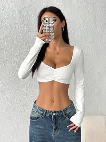 SHEIN EZwear Women's Sexy Solid Color Ruched Long Sleeve Cropped Top, Spring/Summer,Rave Top - White - View 5