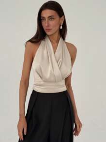Aloruh Blouse femme plissée à col en V croisé de couleur unie - Nude - Voir 3