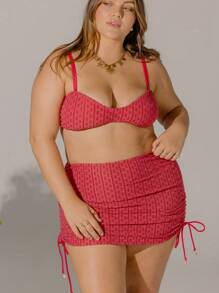 Aralina Ruched Knit Drawstring Vacation Beach Three Pieces Festival Bikini Set With Swim Bag And Cover Up Skirt For Summer - Hot Pink - View 1