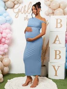 Loomaby 2 chiếc/bộ váy bầu hở vai bất đối xứng cho tiệc chào đón em bé - Màu xanh nhạt - Xem 4