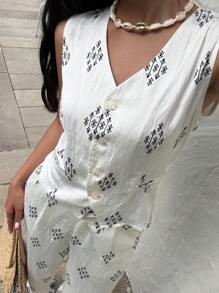 SHEIN Frenchy Conjunto informal de 2 piezas de estampado integral compuesto por top sin mangas y pantalones para vacaciones y estilo bohemio, atuendo de verano y para la playa para mujer