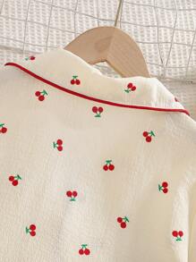 Ensemble pyjama pour jeunes filles, imprimé cerise avec volants, manches courtes élégantes et short 2 pièces, ensemble de vêtements de détente