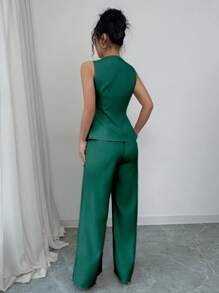 Rafferiza 2 件套：V 领纯色背心和阔腿休闲裤 - 綠色 - 查看 2