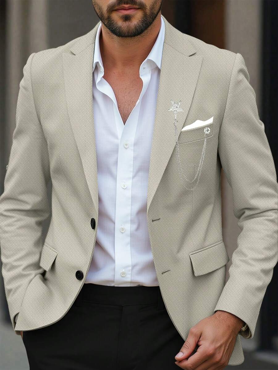 Manfinity Mode Manfinity AFTRDRK Men's Jacquard Single-Button Blazer,Men's Casual Jacquard Texture Peaked Lapel Suit Jacket, Metal Star Chain Pendant, Suitable For Party Gathering Business Clothing - Apricot - View 1