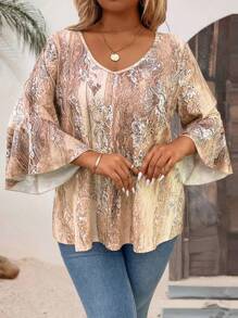 大码女式休闲数码印花甜心领 3/4 袖 T 恤图案 T 恤女式上衣 - 杏色 - 查看 5