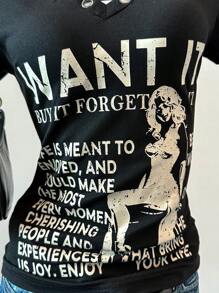 SHEIN EZwear Camiseta de manga corta con gráfico de eslogan de concierto de verano en el campo