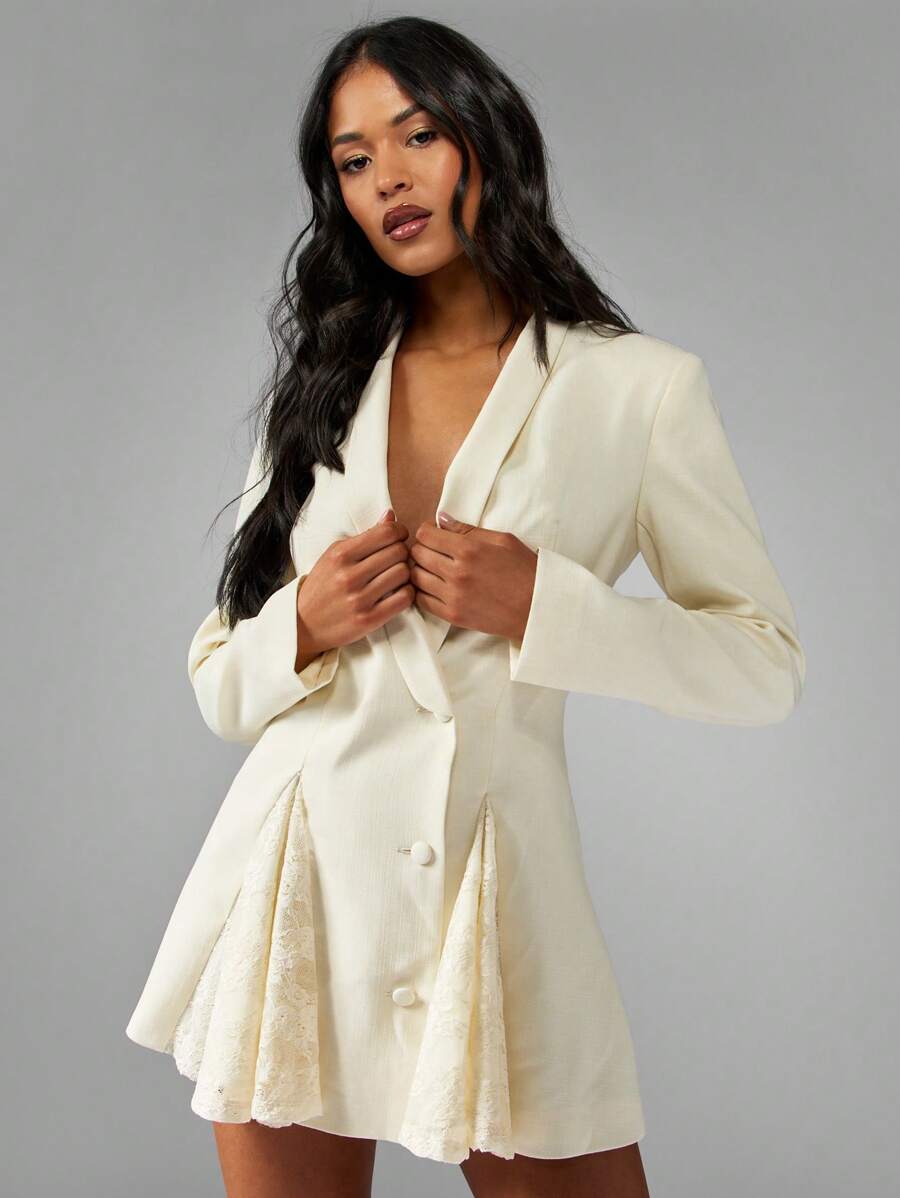 MISSGUIDED Designer Blazer Mini Dress With Lace Godet Panels Party Special Occasion Wedding Guest Spring Summer Statement Sleeves Structured Fit - Yellow - View 1