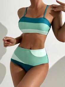 SHEIN Swim Women's Fashionable Vacation Colorblock Detachable Strap Swimsuit Set For Summer - Multicolor - View 3