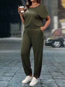 SHEIN CURVE+ 2pcs/Set Plus Size Women Solid Color Knit Top And Pants Casual Set, Spring/Summer - Army Green - View 4
