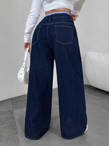 Dripcurv 大码女式蓝色拼接 Y2K 直筒牛仔裤，休闲街头风，略带学院风，是新年穿搭的完美之选。 - 深色水洗藍 - 查看 2
