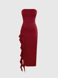 Sweetra Dames effen kleur eenvoudige dagelijkse strapless jurk met draperie Y2K outfit vakantie feest verjaardag jurk kerst vakantie feest jurk voor nieuwjaar kleding maxi dames outfit