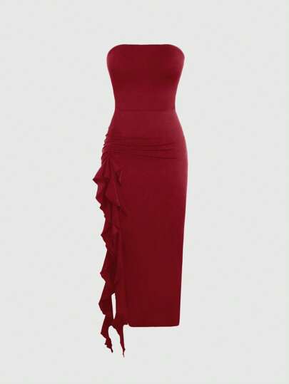 Sweetra 女士纯色简约日常露肩连衣裙，带有垂坠感，Y2K 服装节日派对生日礼服圣诞节节日派对礼服，适合新年服装长款女装