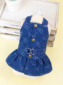 PETSIN Navy Blue Spring/Summer Cute Ladylike Heart & Paw Print Pattern Summer New Light And Breathable Retractable Pet Dog Dress, In Europe And America