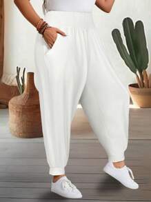 EMERY ROSE Plus Size Women's Solid Color Elastic Waist Pleated Harem Pants Fall - White - View 4