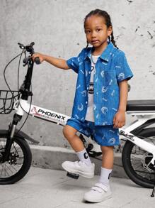 SHEIN 2pcs/Set Young Boy Casual School Short Sleeve Shirt + Printed T-Shirt + Shorts, Suitable For Sports, Outdoors, School, Spring/Summer Seasons - Blue - View 1