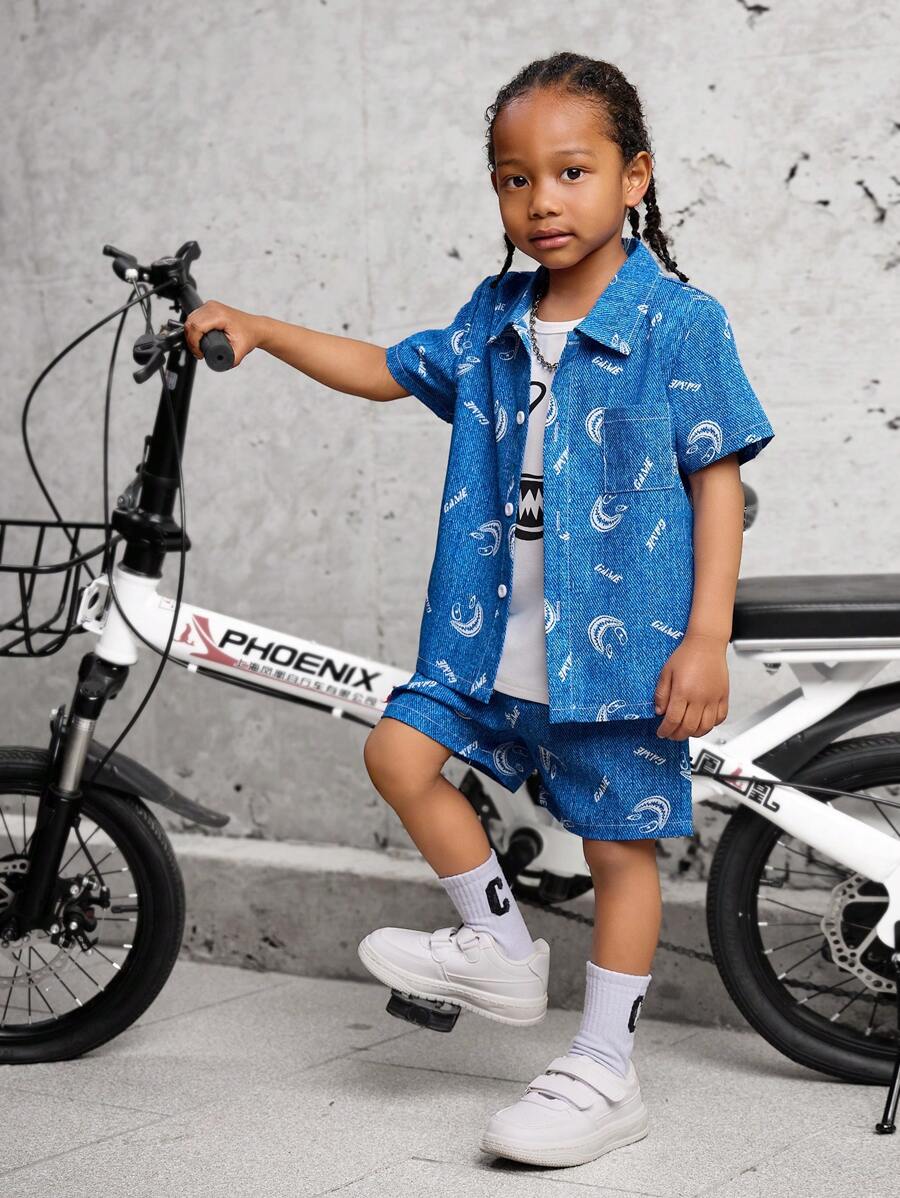 SHEIN 2pcs/Set Young Boy Casual School Short Sleeve Shirt + Printed T-Shirt + Shorts, Suitable For Sports, Outdoors, School, Spring/Summer Seasons - Blue - View 1