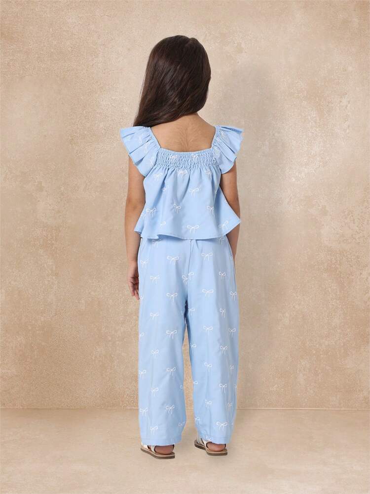 Bow Print Flutter Sleeve Smocked T-Shirt Ruffle Pants Co-Ord