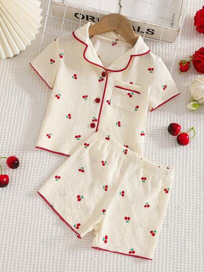Baby Girls 2pcs Pajama Set, Cute Cherry Print Short Sleeve Shirt And Shorts, Comfortable And Fashionable