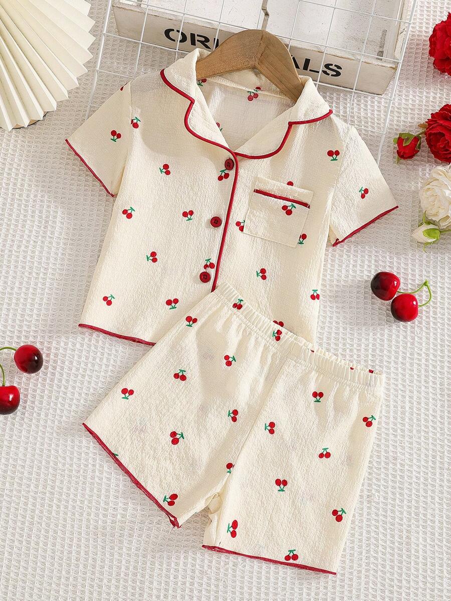 Elladie kids 女婴 2 件套睡衣套装,可爱樱桃印花短袖衬衫和短裤,舒适时尚 - 杏色 - 查看 1