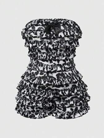 Grunge Punk Mono corto con volantes multicapa con estampado de leopardo en talla grande para mujer, estilo Y2K Harajuku