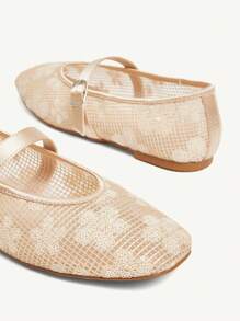 CUCCOO CHICEST Women's Summer New Mesh Sequin Square Toe Flat Elegant Casual Champagne Mesh Flat Mary Jane Shoes For Afternoon Tea, Date, Elegant Outfit, School Style, Party