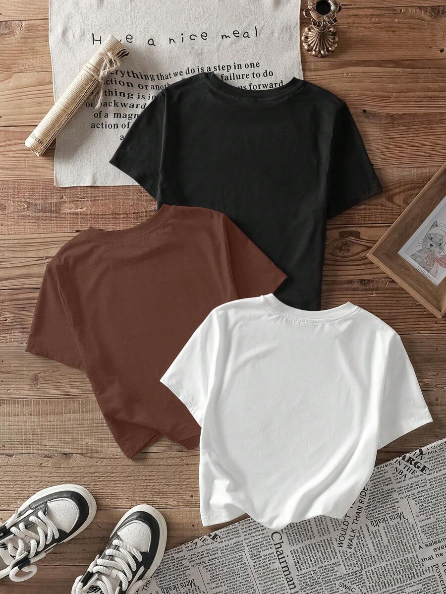 SHEIN EZwear 3 件套休闲简约 MLANO 英文文字印花圆领短袖短款 T 恤女款夏季 - 彩色 - 查看 1