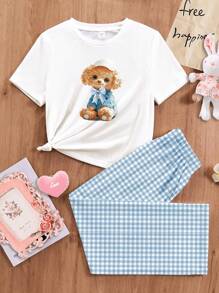 SHEIN Tween-Mädchen Niedliches Welpen-Karomuster, lässiges, minimalistisches Pyjama-Set mit Rundhalsausschnitt und kurzen Ärmeln, Oberteil und Hose, geeignet für den Sommer - Verschiedenfarbig - Übersicht 3
