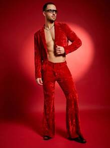 FeverCity Men's Fashionable Lapel Blazer And Bell-Bottom Suit Pants Set - Red - View 3