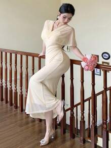 DAZY Women's Solid Color Ruffle Cape Design Mermaid Style Midi Elegant Dress - Apricot - View 2