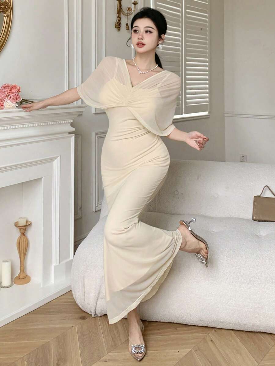 DAZY Women's Solid Color Ruffle Cape Design Mermaid Style Midi Elegant Dress - Apricot - View 1